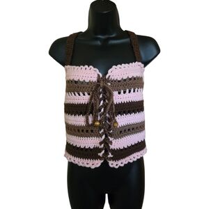 Pink/Brown/Tan Crochet Corset Top/Lace Headband, XL, Y2k, Handmade, Plus Size